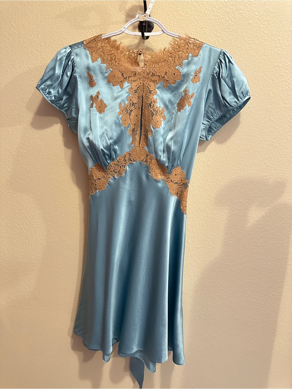 Doen Light Blue Satin Mini Dress with Tan Lace Appliqué